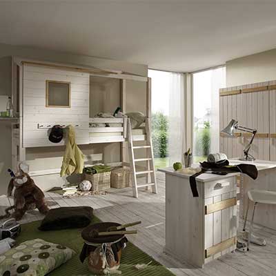 Schreibtisch Kiddy, Drehtüren-Kleiderschrank Kiddy, Mini-Hochbett Kiddy, Hausaufsatz Kiddy